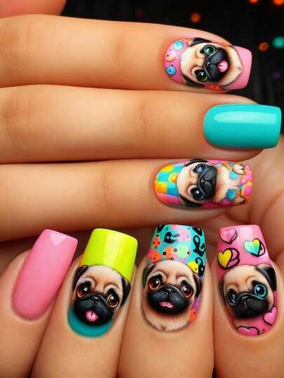 24 PC Women's Nail Art: Mixed Color Square Medium-Length Design With Cute Dog And Heart Patterns, Glossy Finish.