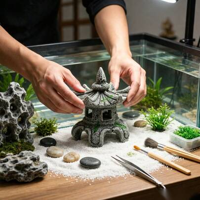 1件树脂中式六角亭水族箱装饰品 - 鱼缸装饰、斗鱼用品、水族箱装饰，适用于鱼缸、水族箱、鱼类用品，也适用于鬃狮蜥用品、爬行动物用品、鬃狮蜥用品、爬行动物配件、爬行动物饲养箱装饰