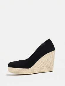 Women's Platform Wedge Shoes, Black Faux Suede Round Toe Woven Wedge Slip-On Pumps - Black - View 8