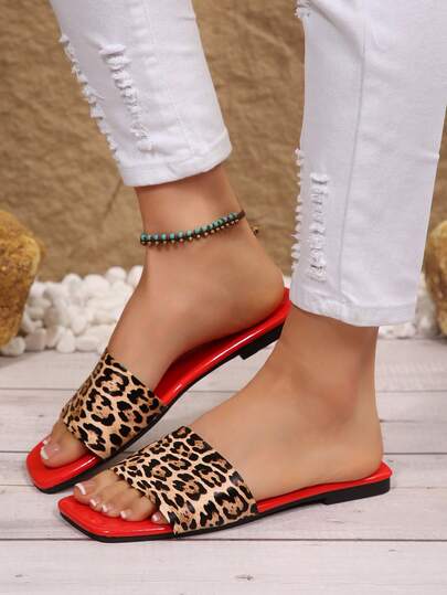 Women's Leopard Print Slip-On Comfortable Casual Fashion Red Flat Sandals, Lightweight Slides, New Lace-Free Flat Sandals For Summer