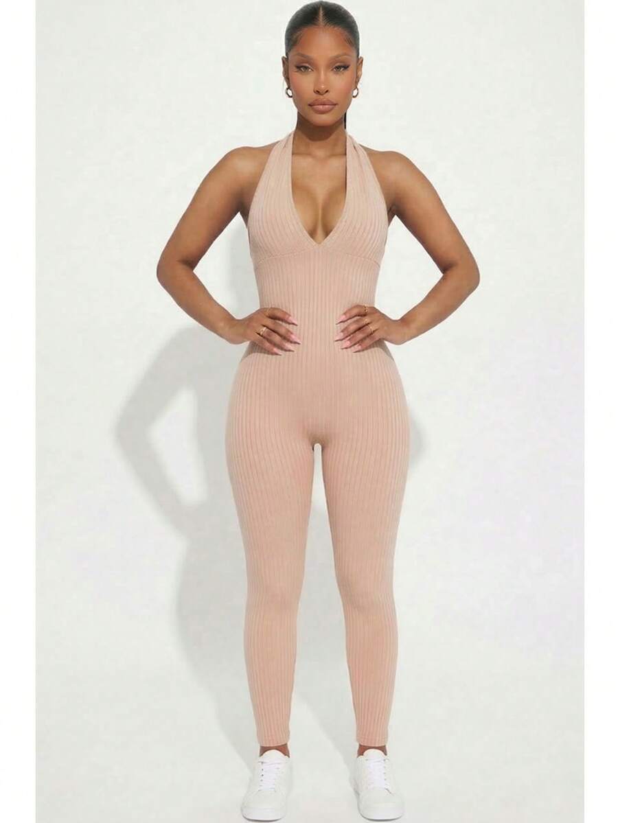 Women's Rib Knit Halter V-Neck Bodycon Jumpsuit - Casual Solid Color, Slim Fit Summer Jumpsuit, Polyester, Machine Washable - Toffee - View 1