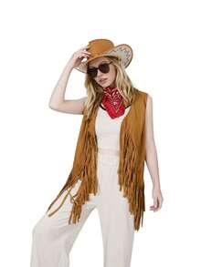 Bộ trang phục cao bồi miền Tây 3 món gồm áo vest tua rua, kính thời trang hình trái tim và khăn bandana, thích hợp cho buổi hòa nhạc đồng quê mùa hè. - Nhiều màu - Xem 6
