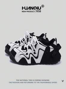HUANQIU 2026新款男鞋，男士运动鞋，厚底休闲鞋，时尚多功能轻便舒适系带运动鞋，软底休闲鞋，跑步鞋，黑白四季鞋 - 黑與白 - 查看 1