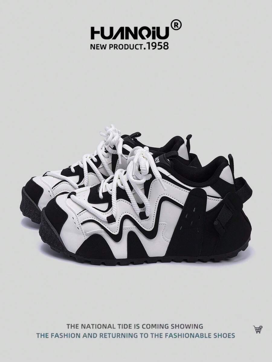 HUANQIU 2026新款男鞋，男士运动鞋，厚底休闲鞋，时尚多功能轻便舒适系带运动鞋，软底休闲鞋，跑步鞋，黑白四季鞋 - 黑與白 - 查看 1