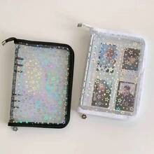 A5大容量便携式星形拉链活页夹，6孔双扣笔记本套装，A5透明替换内页，文件袋，印章簿，贴纸簿，铅笔盒，PP透明替换页，PET双面离型纸，可用作相册、储蓄计划本、文件整理本、预算活页夹、K-POP专辑、写真集、3D贴纸，纸质材料 - 星星拉鍊款 - 查看 11