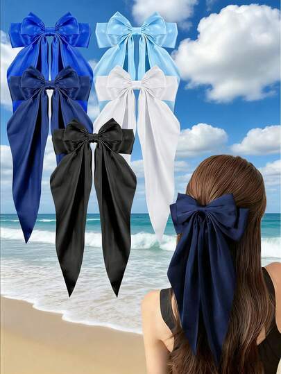5PCS Large Bow Hair Clips For Women Girls Silky Satin Hair Bows Oversized Long Tail Silky Satin Butterfly Hair Ribbon Bows Hair Accessories For Thick & Thin Hair Suitable For Daily Wear Gifts For Women Vacation Outfits School Stuff Various Party Decor