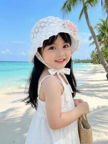 1pc White Lace Flower Girls Sun Hat, Breathable UV Protection Princess Style Embroidered Children Cap - 1PC - View 4