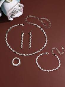 4pcs (Necklace + Earrings + Bracelet + Ring), Shiny Minimalist Wave Design, Suitable For Evening Gowns, Graduation Gifts - White - View 4