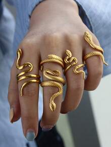 1枚不锈钢蛇形戒指，男女通用，可调节开口设计，复古哥特式派对美学配饰 - 金黃色 - 查看 7