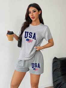 美国国旗美国地图印花睡衣套装 女式休闲两件套 短袖家居服睡衣套装 - 淺灰色 - 查看 4