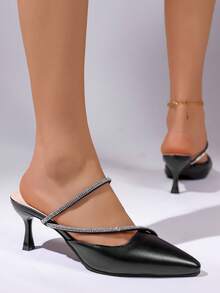 New Pointed Toe Thin Strap Backless High Heel Sandals, Kitten Heel Open Toe, Suitable For Dates, Commuting, Party, Office Wear - Black - View 11