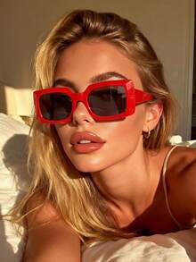 1 Pair Red Square Fashionable Glasses, Suitable For Travel, Sports, Vacation, Summer Accessories, Holiday Outfits, Driving, Beach, Music Festivals, Casual Outings, Elegant Attire, Family Outings, Street Style Accessories, Vacation, Sports, Parties, Outdoor Activities, Street Style, Fishing, Holidays, Vacation - 紅色 - 查看 4
