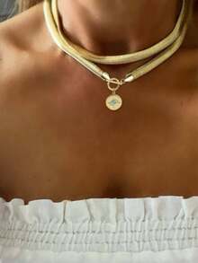 Nooxian 2pcs/Set Gold Jewelry Fashion New Gold Thick Flat Snake Chain Double-Layer Necklace Set With OT Clasp, Micro-Inlaid Devil's Eye & Geometric Pendant Necklaces For Women - Yellow Gold - View 6