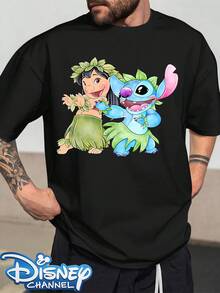 Disney Lilo Stitch Watercolor Style Cute Print Men's T-Shirt, Stylish Design, Simple And Versatile, Full Of Fashionable Style, Crew Neck Men's T-Shirt With Twill Fabric And Binded Edges, Summer Casual Men's T-ShirtMade From Soft, Comfortable, And Durable Pure Cotton, This Is An Ideal Choice For Spring And Summer. This Crew Neck T-Shirt Is Suitable For Various Occasions, Including Everyday Wear, Shopping, Parties, Travel, And Gatherings, And Also Makes A Thoughtful Gift. - Black - View 1