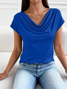 PRETTYGARDEN Women's Summer Clothes Tops Dressy Casual Clothing Cowl Neck Short Sleeve Blouses Business Work Office Shirts  Tops For Women - 藍色 - 查看 2