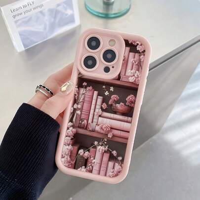 时尚流行个性化粉色书架樱花图案设计主题奢华防震美观可爱手机壳，触感柔软，极致抓握，防水耐用防尘边框保护壳，带摄像头保护，兼容 17/17Pro/17Pro Max、16、15、14、13、12、11 Plus/Pro Max及系列，复活节、圣诞节、万圣节礼物/生日礼物，送给女朋友、男朋友、朋友或自己