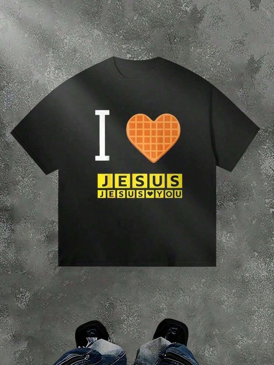 Camiseta de moda de nueva temporada de primavera y verano para la calle, Camiseta de algodón para hombre, Camiseta con diseño de gofre en forma de corazón "I Love Jesus, Jesus Loves You", Camiseta con letras, Camiseta religiosa, Regalo cristiano, Ropa casual para hombre, Camiseta de manga corta con cuello redondo para hombre. - Negro - Ver 1