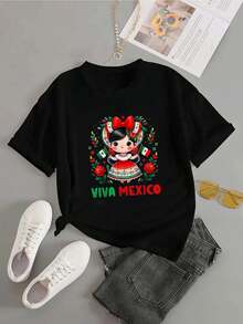 Casual Blouses For Women, Black T-Shirt With Cute Mexican Doll And Phrase "Viva Mexico", Ideal For Patriotic Holidays And National Pride, Comfortable Cotton Women's Tops. - 黑色 - 查看 3