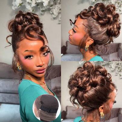 ZHENDEFA 360 Degree Full Lace Front Wig With Invisible Hairline, #4 Brown Wavy Lace Front Wig, Pre-Trimmed Drawstring Wig, 200 Density High Definition Transparent Lace Front Wig Without Glue, 360 Degree Seamless Wig For Women