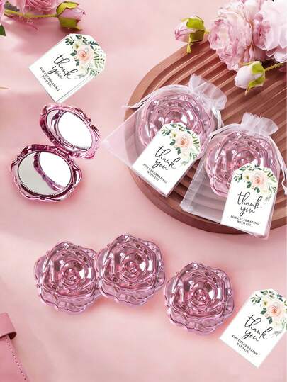 Mini Rose Shaped Mirror, Pink/Silver/Rose Gold, White Drawstring Bag And Thank You Card Set, Bridesmaid Gift, Suitable For Bachelorette Party, Bridal Shower, Birthday Party, School Opening Gift, Daily Gathering, New Year Gift, Valentine's Day, Mother's Day Creative Gift For Girlfriend