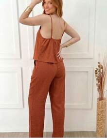 Set Includes A Tie-Front Top With Adjustable Straps And High-Waisted Wide-Leg Pants. Elegant And Comfortable Emily Brand. Casual Sets For Vacations And Offices. Suitable For All Seasons. - Terracotta - View 2