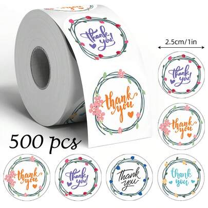 500张彩色卡通花环感谢涂鸦贴纸，1英寸圆形，6种设计，适用于剪贴簿、日记、卡片、礼品包装、日常和节日派对，PVC贴纸，剪贴簿用品，文具，趣味贴纸，Kindle