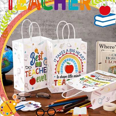 25pcs/12pcs/5pcs Thanksgiving Teacher's Day Theme Gift Bags, 6 Styles Mixed, Suitable For Teacher's Day, Outdoor Parties, Birthday Gifts, Pet Parties, Storage, Random Style