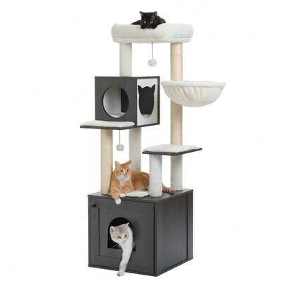 PAWZ Road 57.5" Cat Tree With Litter Box Enclosure Large, Wood Cat Tower For Indoor Cats With Storage Cabinet And Cozy Cat Condo, Sisal Covered Scratching Post And Repalcable Dangling Balls,Black