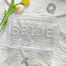 Túi đựng mỹ phẩm "BRIDE" đính ngọc trai giả, túi đựng đồ trang điểm trong suốt, túi đựng đồ du lịch chống thấm nước cho cô dâu, đồ dùng cho tiệc cưới, món quà cưới hoàn hảo. - Nhiều màu - Xem 3