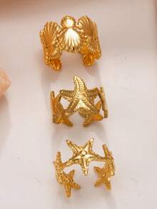 Set de 3 anillos con diseño de estrella de mar y concha, anillos apilables ajustables de acero inoxidable con estilo bohemio para mujeres - Amarillo Oro - Ver 6