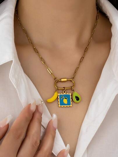 1 pieza Collar con colgante de fruta esmaltado para mujeres - Cadena de acero inoxidable chapada en oro de 18K con cierre de mosquetón y colgantes de limón - Joyería de moda tropical de estilo bohemio para el verano