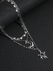 3件套Y2K街头风时尚女孩甜美银色星星月亮亮片项链套装 - 銀色 - 查看 3