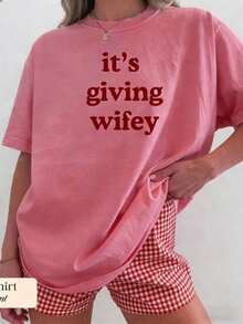 2026 Women' Its Giving Wifey Print T Shirt,Bride To Be Oversized Heavy Cotton Tee,Honeymoon Wedding Daily WearEnd Of - 粉色 - 查看 7