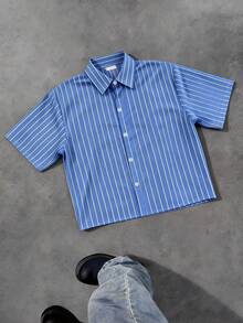 WAIT HIM Men's Casual Loose Striped Short Sleeve Shirt, Spring To Summer - Dusty Blue - View 3