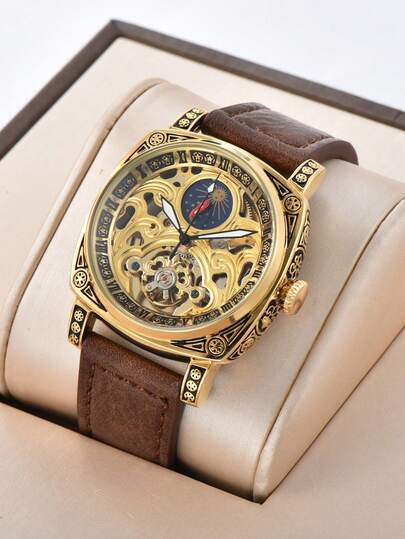 1枚男士镂空自动机械腕表，复古雕花方形皮表带，适合日常佩戴和节日送礼