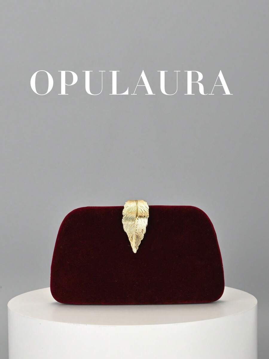 OpulAura 1件装优雅复古天鹅绒叶形搭扣酒红色手拿包，适合正式晚宴、婚礼和其他正式场合，精致迷人的手提包，是送给她的理想礼物。 - 酒紅色 - 查看 1