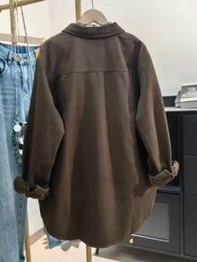 Plus Size Women's Solid Color Pocket Front Button-Down Casual Shirt Spring - Dark Brown - View 2