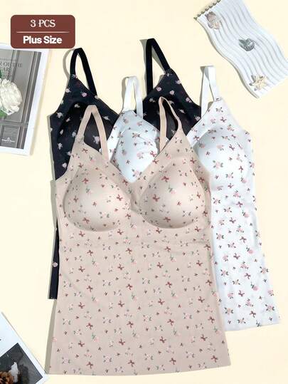 3 قطع من الأعلى الكامي بطبعة زهرية وياقة على شكل حرف V مع أشرطة قابلة للتعديل وحشو للصدر للمرأة ذات الحجم الكبير