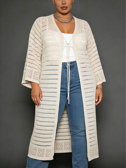 大码女式长袖开衫，镂空针织薄纱领轻薄长款开衫