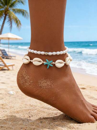 2条波西米亚风海星贝壳串珠脚链，适合海滩、度假、休闲、派对、音乐节等场合佩戴