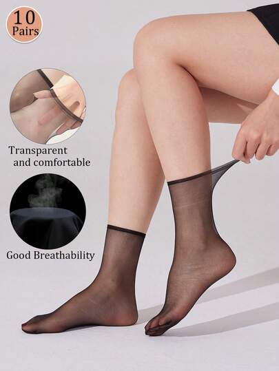 10 Pairs Of Silky And Durable Short Stockings Women Ankle-High Leggings Socks High Elastic Nylon Crystal Socks Solid Color Breathable Short Socks For Spring And Summer ﻿