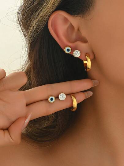 3对不锈钢眼睛形状耳环套装，时尚百搭，适合女性日常佩戴。