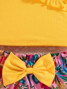 Young Girls Frill Trim Sleeveless Camisole Top + Sunflower Print Bow Shorts Set - Multicolor - View 6