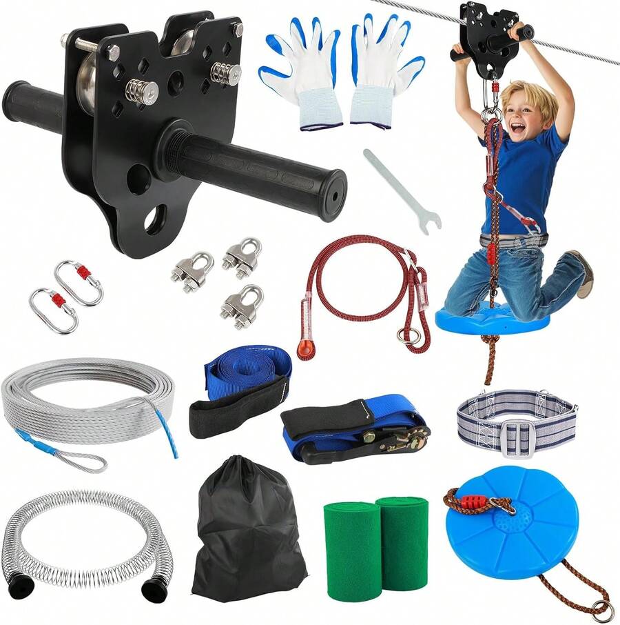 GCCSJ Zip Line Kit For Backyard,100FT Zip Line Kit For Backyard - 400LBS Capacity Heavy Duty Zipline For Kids & Adults With Safety Harness & Removable Trolley | Professional Outdoor Adventure Set With Quick-Tighten System & Thickened Seat,Easy Install ,The Best Birthday GiftGifts For Kids