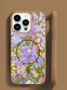 Matte Magnetic Phone Case For IPhone 16 Pro Max, 15 Pro Max, 11, 12, 13, 14 Pro Max, 14 Plus, 16 Plus, Solid Color, Shockproof Back With Purple Floral Oil Painting Style - Gold - View 2