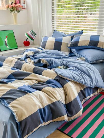 4pcs Shell Embroidered Duvet Cover Set, Soft & Comfortable Bedroom Bedding, Minimalist Checkered Pattern, Breathable & Soft All-Season Bedding Set Including 1 Duvet Cover, 1 Bed Sheet, 2 Pillow Shams, No Filling, Suitable For Bedroom, Dorm, Home Use, Multiple Sizes Available