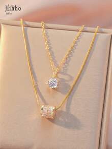 Hihho 两件套奢华锆石吊坠项链，多层项链，搭配暖金色镀层底座，适合不同场合和风格，可单独佩戴或叠戴。 - 項鍊套裝 - 查看 3
