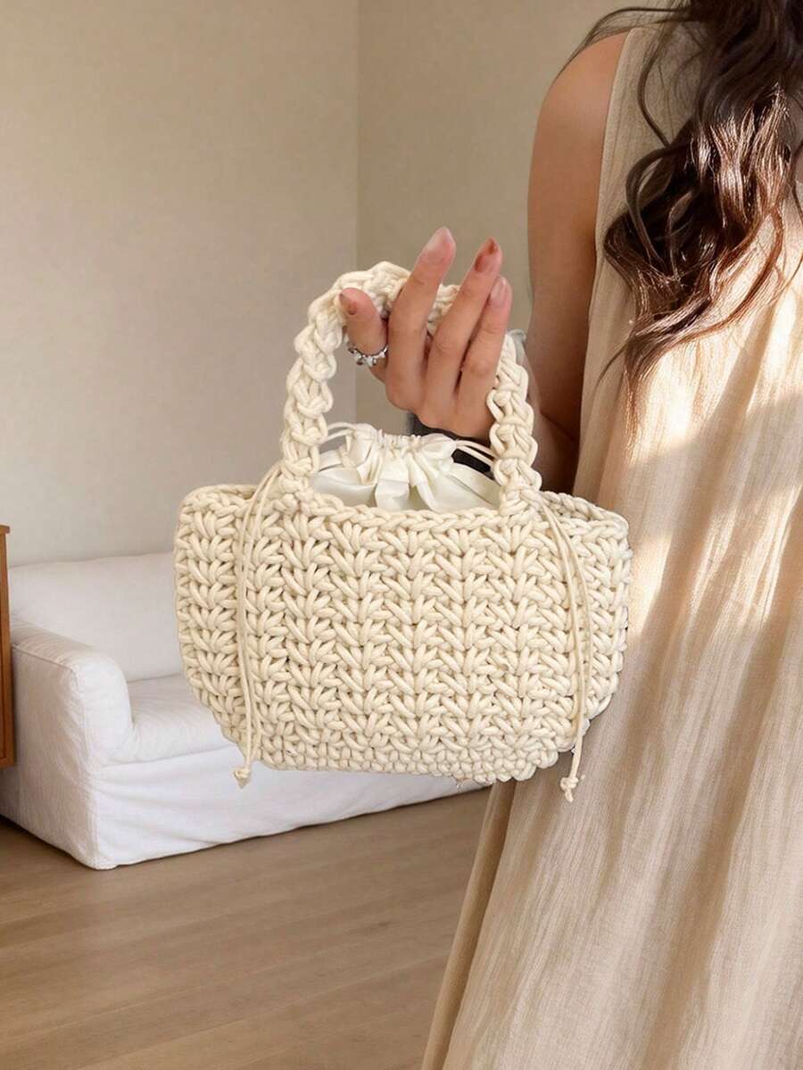 可爱棉绳编织手提包，简约草编托特包，度假风沙滩包，独特女童包