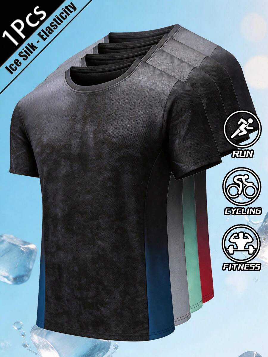 Men's Gradient Breathable Cooling Sports T-Shirt, Comfortable Breathable Activewear Top - Blue - View 1