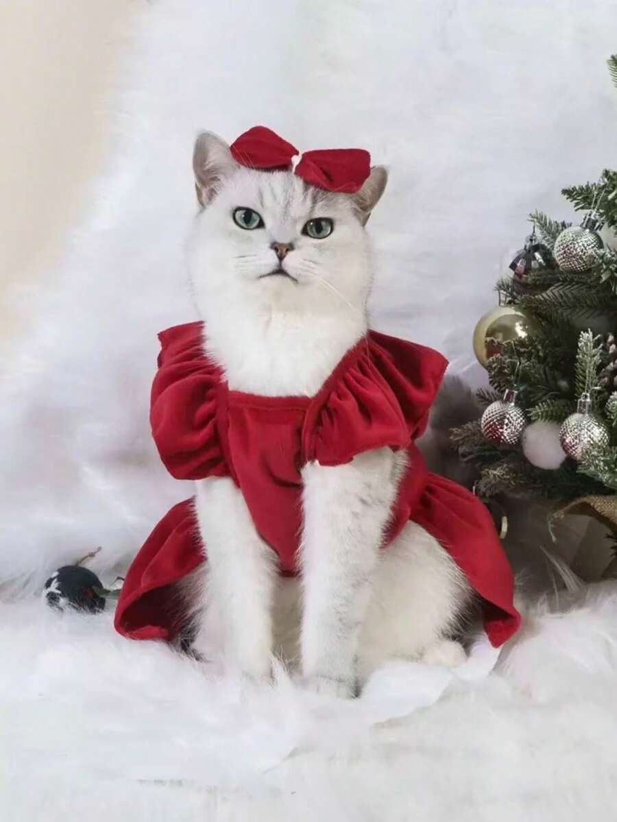 一套公主风可爱时尚蝴蝶结连衣裙套装，方便穿脱的狗狗衣服，节日版 - 紅色 - 查看 1